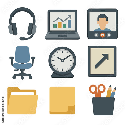 Modern Office Icon Set. Flat icon set of modern office essentials: wireless headset, laptop with charts, video