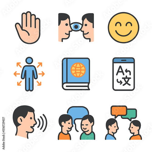 Intercultural Dialogue Icons. Flat icon set of intercultural dialogue skills: open palm, eye contact icon,