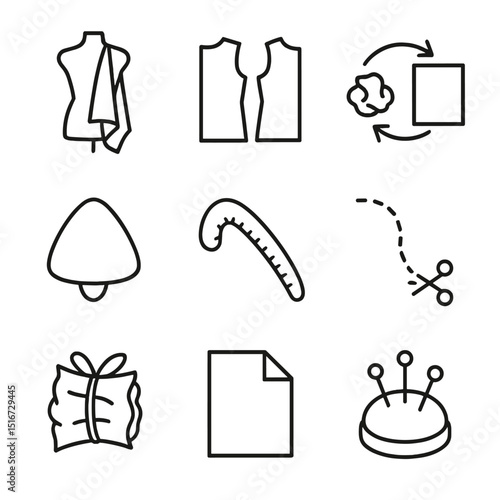 Zero-Waste Sewing Icons. Outline icon set of zero-waste pattern making: draping cloth, pattern pieces, waste-to-fabric arrow,