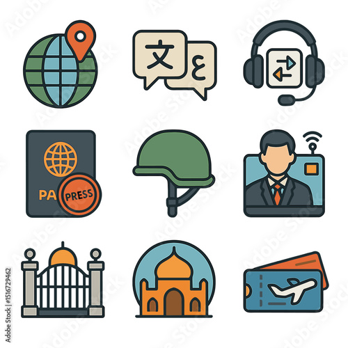 International Correspondent Icons. Flat icon set of international correspondents: globe with pin, foreign