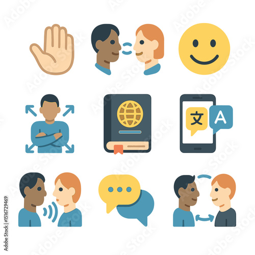 Intercultural Dialogue Icons. Flat icon set of intercultural dialogue skills: open palm, eye contact icon,