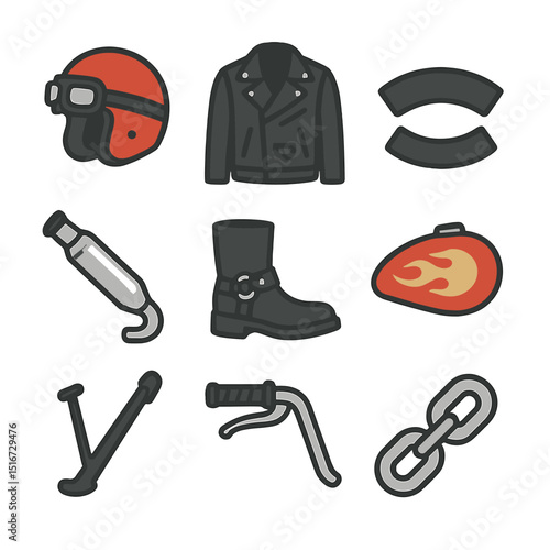 Motorcycle Icon Set. Flat icon set of motorcycle culture elements: helmet with goggles, leather jacket, biker