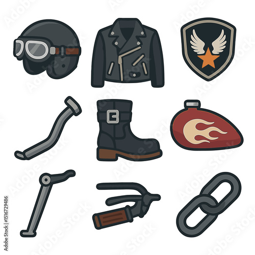 Motorcycle Icon Set. Flat icon set of motorcycle culture elements: helmet with goggles, leather jacket, biker