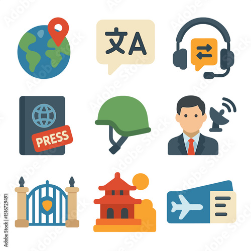 International Correspondent Icons. Flat icon set of international correspondents: globe with pin, foreign
