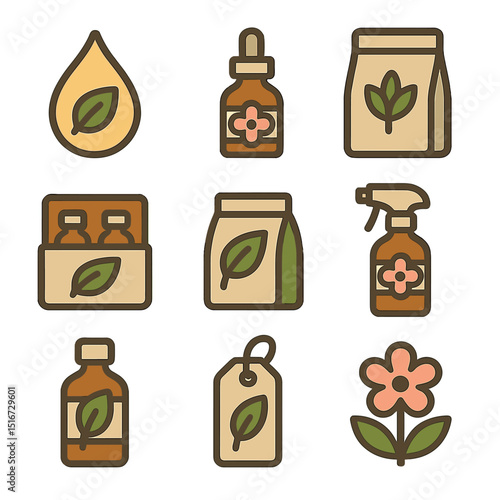 Nature Essence Icons. Flat icon set of nature essence branding: essential oil leaf drop, flower tincture icon,