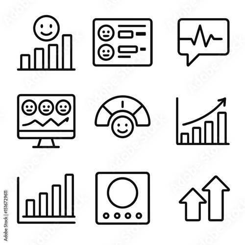 Job Satisfaction Analytics Icons. Flat icon set of job satisfaction analytics: bar graph with smile icon,