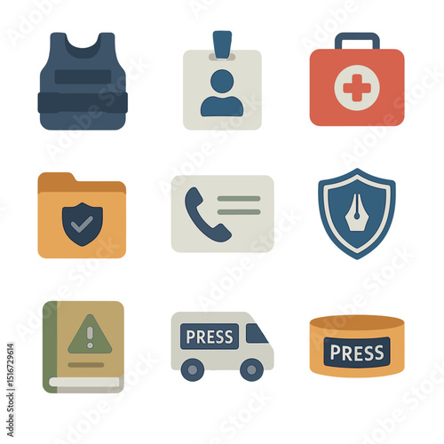 Journalist Safety Icons. Flat icon set of journalist safety and credentials: bulletproof vest, press pass ID,