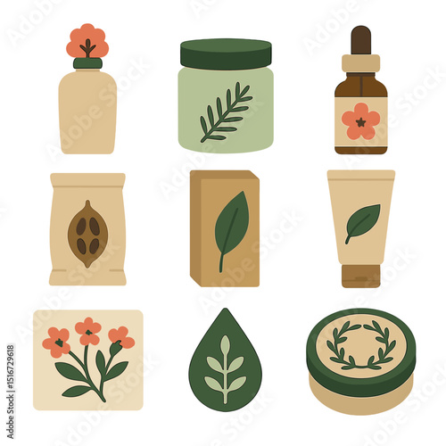 Nature Cosmetic Icons. Flat icon set of nature-themed cosmetic packaging: blossom cap bottle, herbal toner jar