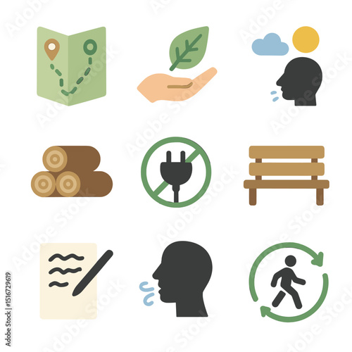 Nature Icon Set. Flat icon set of nature over screen habits: trail map, leaf in hand, sky gaze, firewood stack