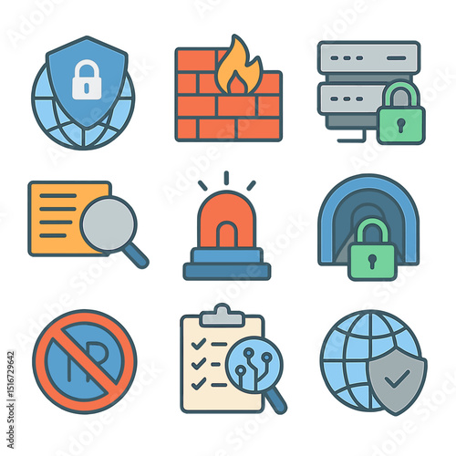 Network Security Icons. Flat icon set of network security tools: VPN icon, network firewall, secured server,
