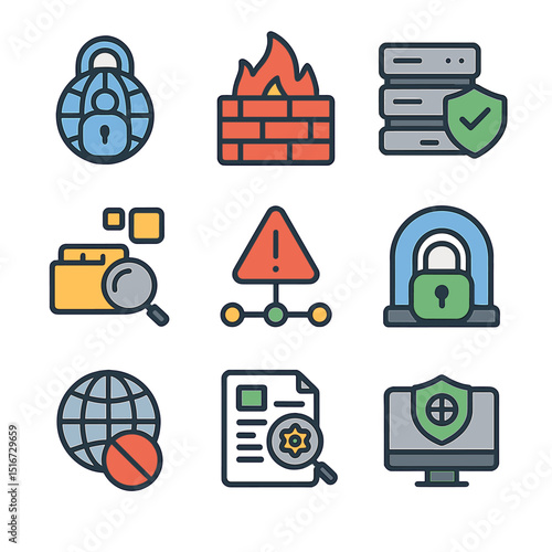 Network Security Icons. Flat icon set of network security tools: VPN icon, network firewall, secured server,