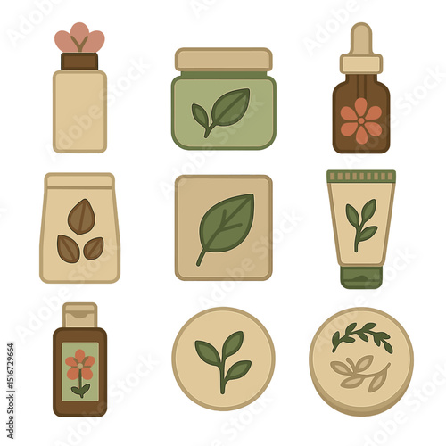 Nature Cosmetic Icons. Flat icon set of nature-themed cosmetic packaging: blossom cap bottle, herbal toner jar