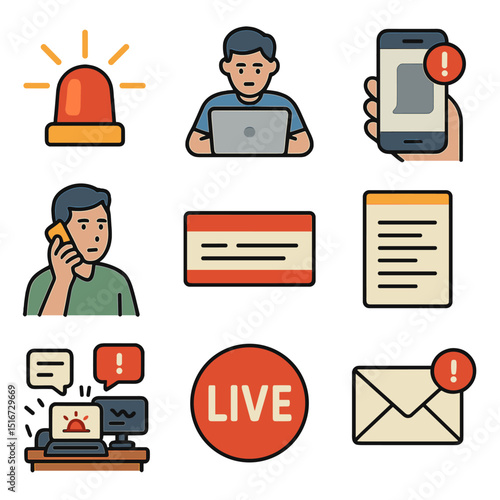 News Icon Set. Flat icon set of breaking news reporting: flashing alert icon, speed typing journalist, news