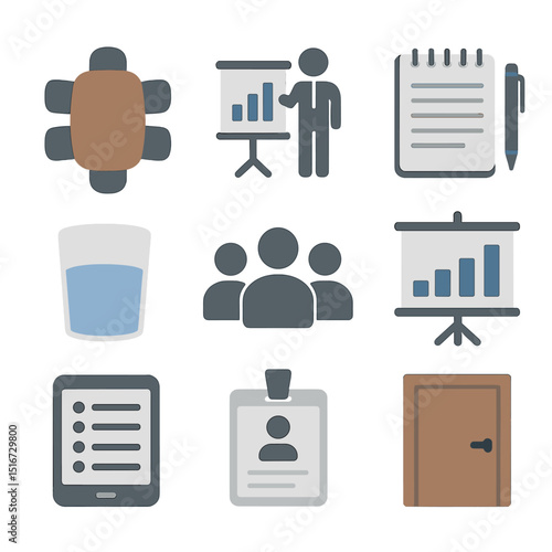 Office Meeting Icons. Flat icon set of office meeting visuals: boardroom table, business presentation, notepad