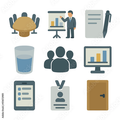 Office Meeting Icons. Flat icon set of office meeting visuals: boardroom table, business presentation, notepad