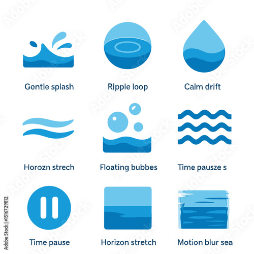 Ocean Scene Icons. Flat icon set of slow-motion ocean scenes: gentle splash, ripple loop, water lens icon,