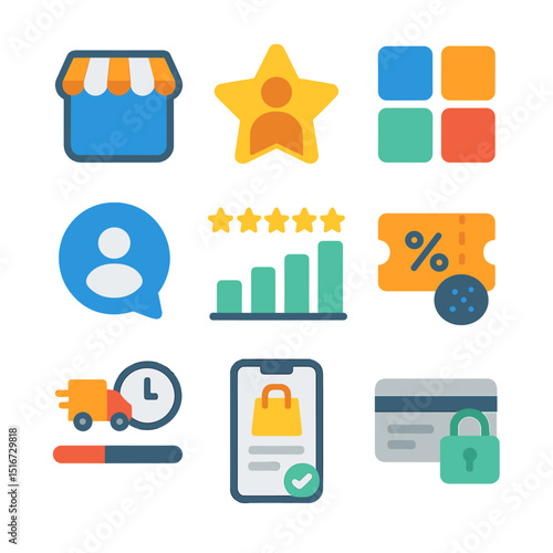 Online Marketplace Icons. Flat icon set of online marketplaces: platform logo icon, seller star badge, product