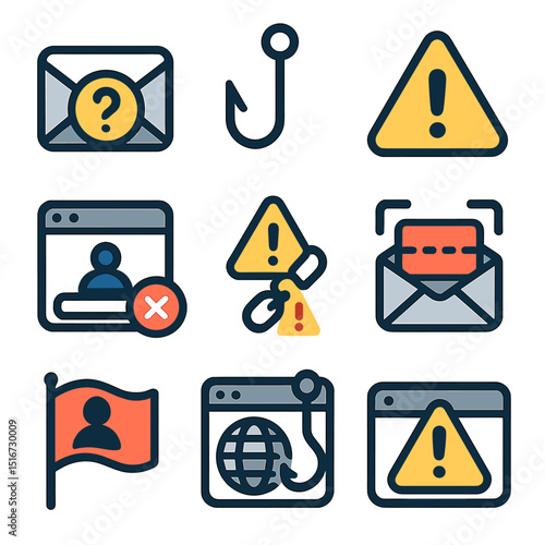 Phishing Detection Icons. Flat icon set of phishing detection: suspicious email icon, phishing hook, alert