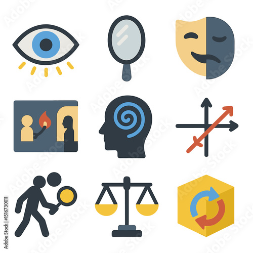 Philosophical Icon Collection. Flat icon set of philosophical themes of observation: eye of knowledge,
