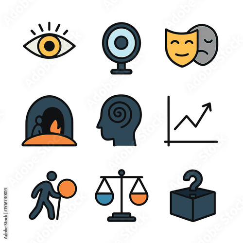 Philosophical Icon Collection. Flat icon set of philosophical themes of observation: eye of knowledge,