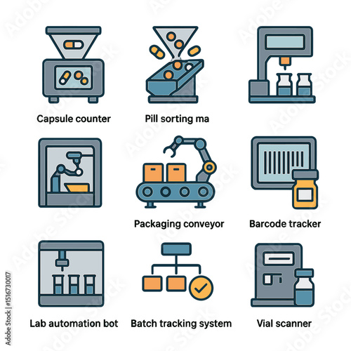 Pharma Automation Icons. Flat icon set of pharmaceutical automation: capsule counter, pill sorting machine,