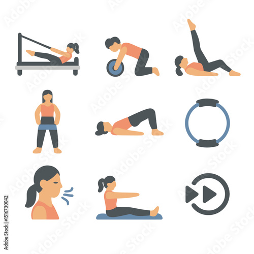 Pilates Icon Collection. Flat icon set of Pilates movements: reformer machine, core wheel, leg lift,