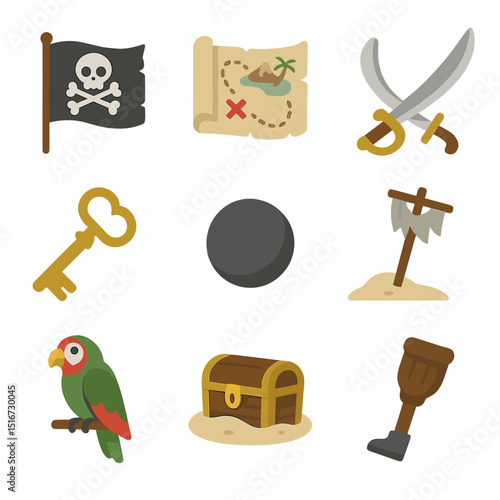 Pirate Icon Collection. Flat icon set of pirate shipwrecks: Jolly Roger flag, treasure map, cutlass, skeleton