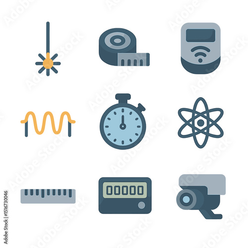 Physics Measurement Icons. Flat icon set of measurement in physics: laser beam, measuring tape, motion sensor,