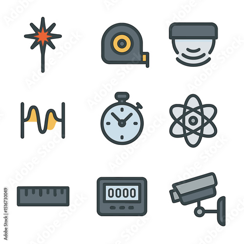 Physics Measurement Icons. Flat icon set of measurement in physics: laser beam, measuring tape, motion sensor,