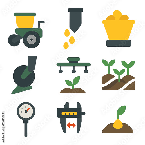 Planting Equipment Icons. Flat icon set of planting and seeding equipment: precision planter, seed tube,