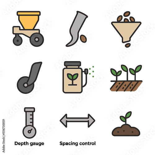 Planting Equipment Icons. Flat icon set of planting and seeding equipment: precision planter, seed tube,