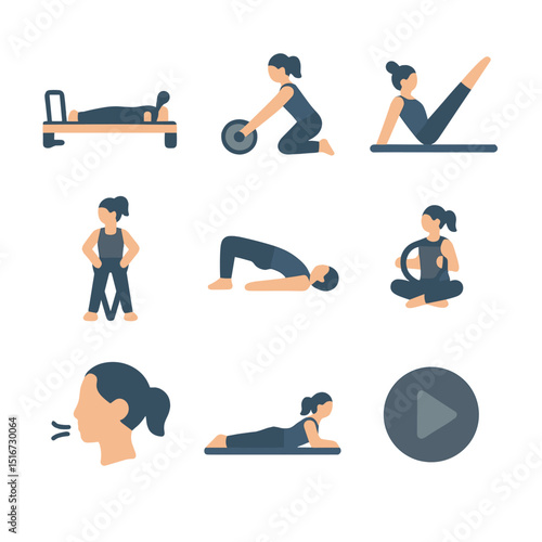 Pilates Icon Collection. Flat icon set of Pilates movements: reformer machine, core wheel, leg lift,