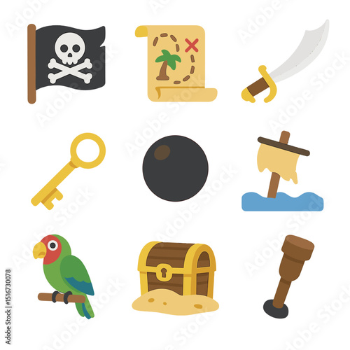 Pirate Icon Collection. Flat icon set of pirate shipwrecks: Jolly Roger flag, treasure map, cutlass, skeleton