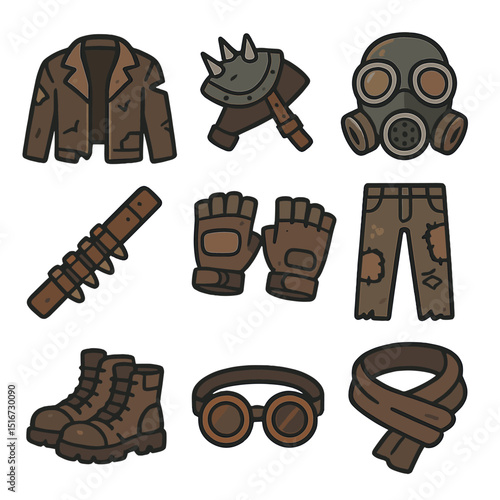 Post-Apocalyptic Fashion Icons. Flat icon set of post-apocalyptic fashion: torn leather jacket, spiked