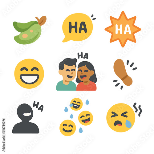 Playful Emoji Icon Set. Flat icon set of spontaneous friend jokes: unexpected pun, cartoon sound bubble, laugh