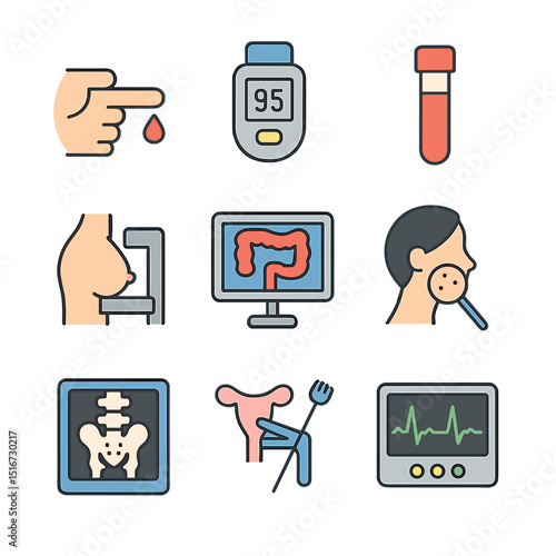Preventive Health Icons. Flat icon set of preventive health tests: cholesterol test, glucose meter, PSA test