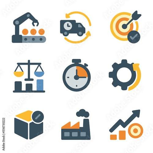 Productive Efficiency Icons. Flat icon set of productive efficiency: assembly line icon, optimized supply