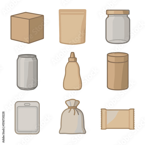 Product Packaging Icons. Flat icon set of product packaging mockups: kraft box, plastic pouch, glass jar,