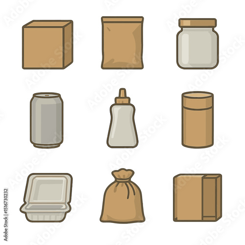 Product Packaging Icons. Flat icon set of product packaging mockups: kraft box, plastic pouch, glass jar,