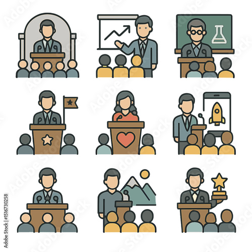 Professional Speaking Icon Set. Flat icon set of professional speaking settings: conference hall, business