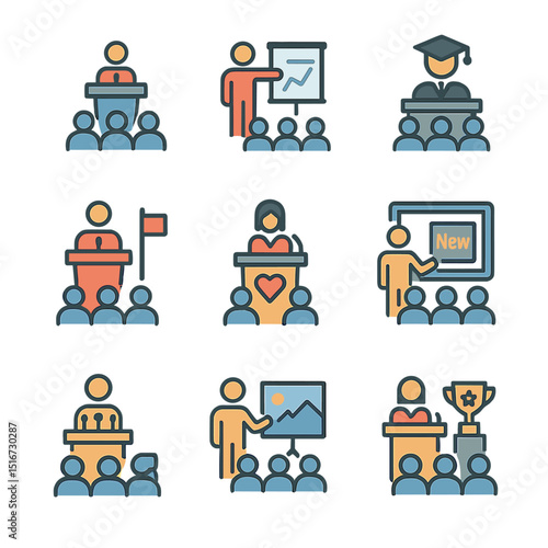 Professional Speaking Icon Set. Flat icon set of professional speaking settings: conference hall, business