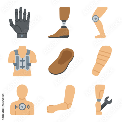 Prosthetics Icon Grid. Flat icon set of prosthetic and orthotic devices: robotic hand, prosthetic foot, knee