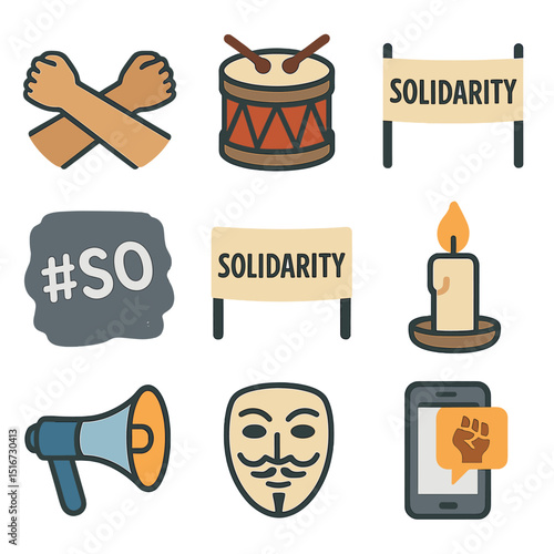 Protest Icon Set. Flat icon set of iconic protest tools and symbols: linked arms, protest drum, chalk pavement