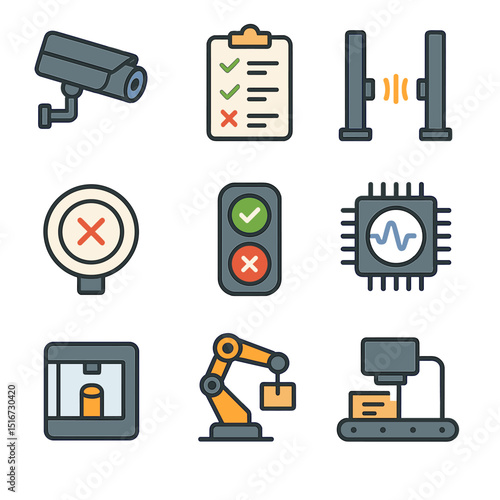 Quality Control Icons. Flat icon set of quality control automation: vision inspection camera, QA checklist,