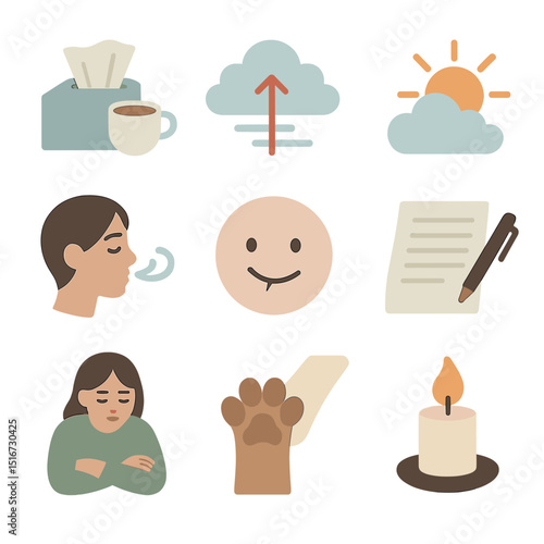 Quiet Emotional Recovery Icons. Flat icon set of quiet emotional recovery: tissue and tea, slow breath cloud,