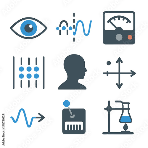 Quantum Observer Icons. Flat icon set of the observer effect: eye symbol, particle wave duality, measurement