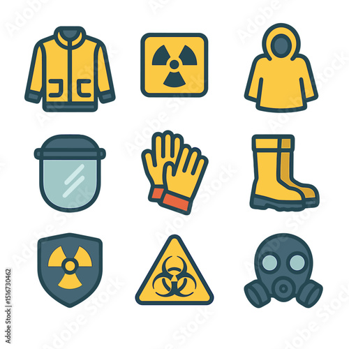 Radioactive Zone Gear Icons. Flat icon set of radioactive zone clothing: lead-lined jacket, radiation badge,