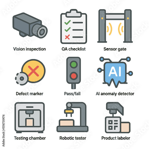 Quality Control Icons. Flat icon set of quality control automation: vision inspection camera, QA checklist,