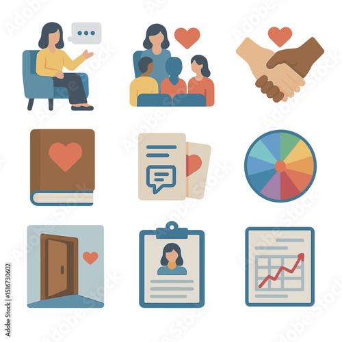 Relationship Therapy Icons. Flat icon set of relationship therapy tools: therapy session, couples counseling,