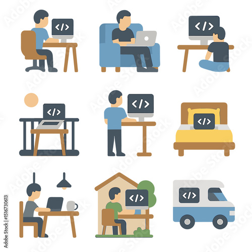 Remote Coding Icons. Flat icon set of coding from different locations: programmer at desk, coder on couch,
